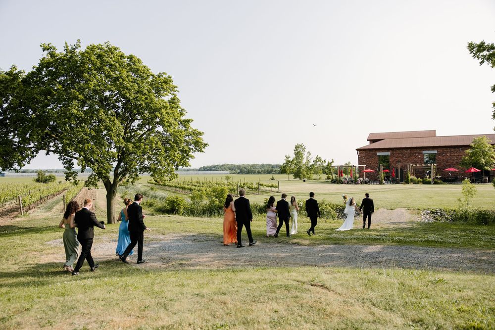 Wedding guests walking through a scenic countryside venue with rolling hills in the background.