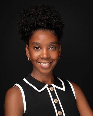 Professional headshot series of a person in a black and white collared top against dark background showing different expressions.