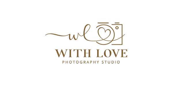 Gold photography studio logo with script text and camera icon on black background.