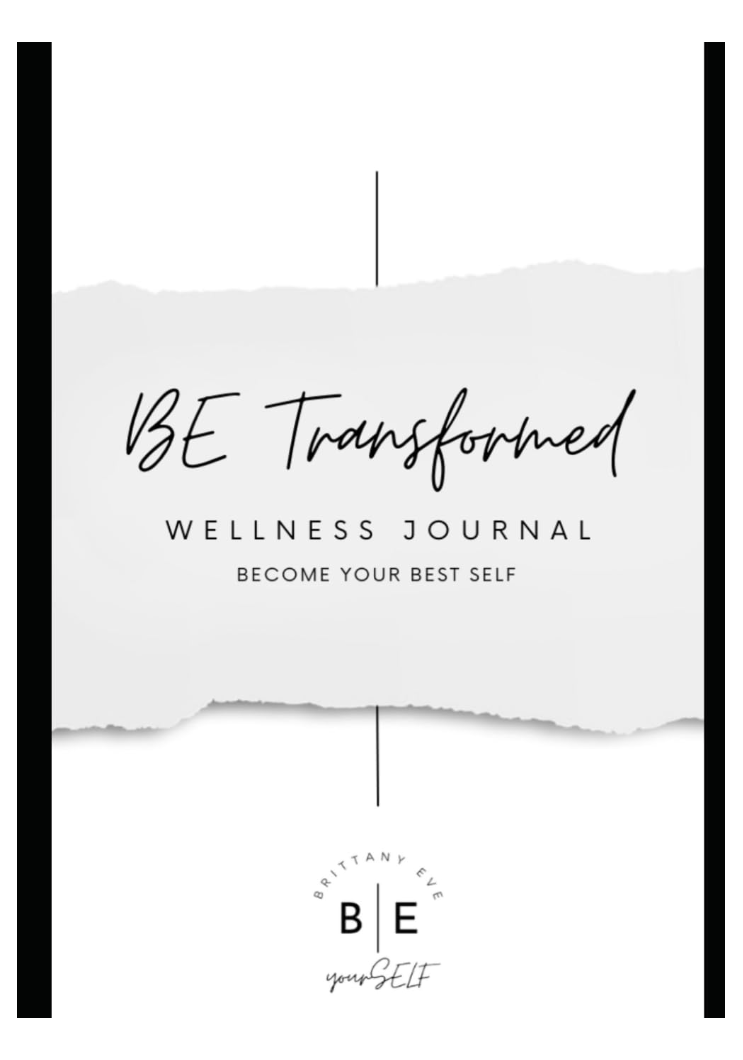 Minimal wellness journal cover design with BE Transformed text on torn paper effect.