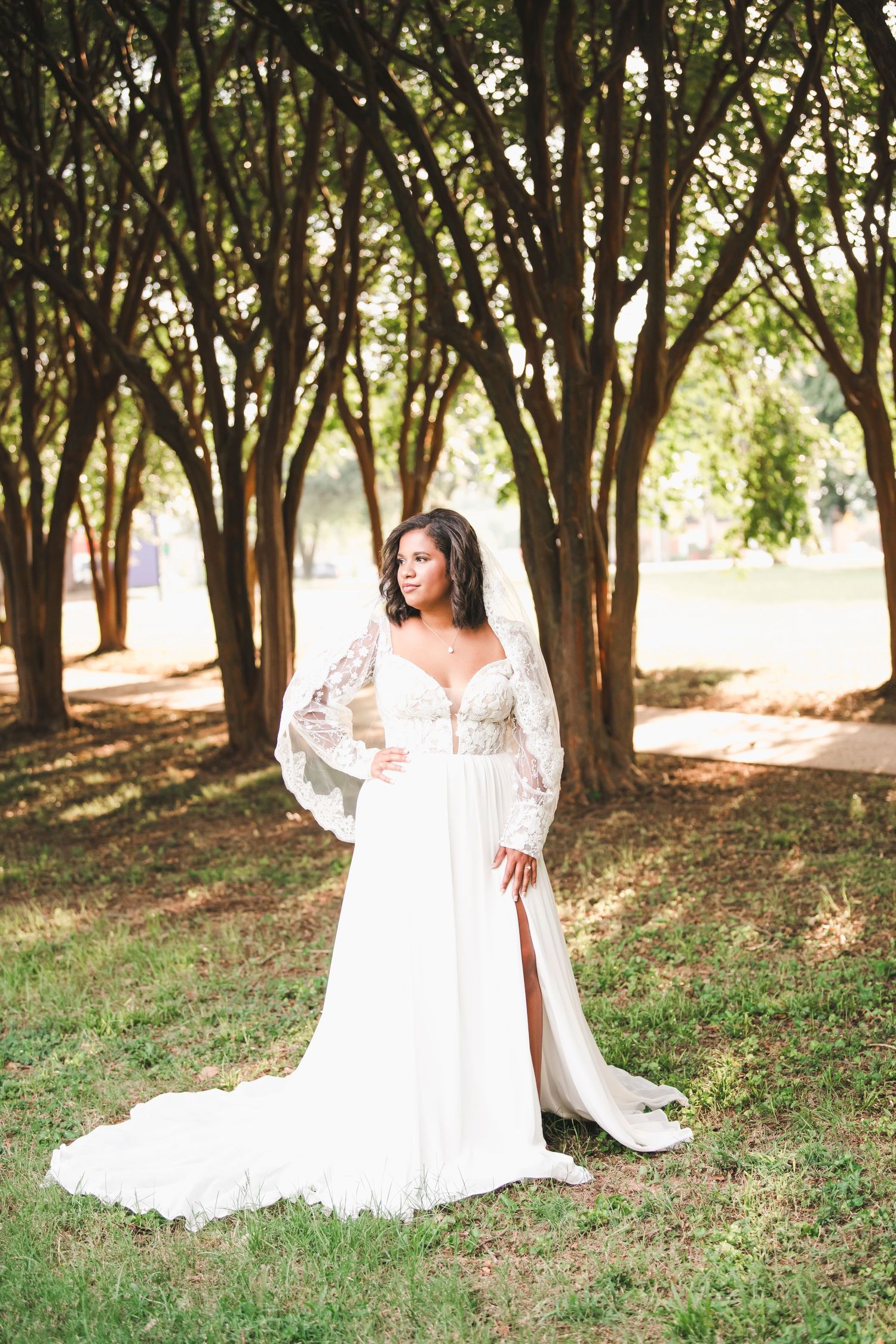 A romantic wedding dress with long lace sleeves and a flowing train captured in a sunlit grove of trees.