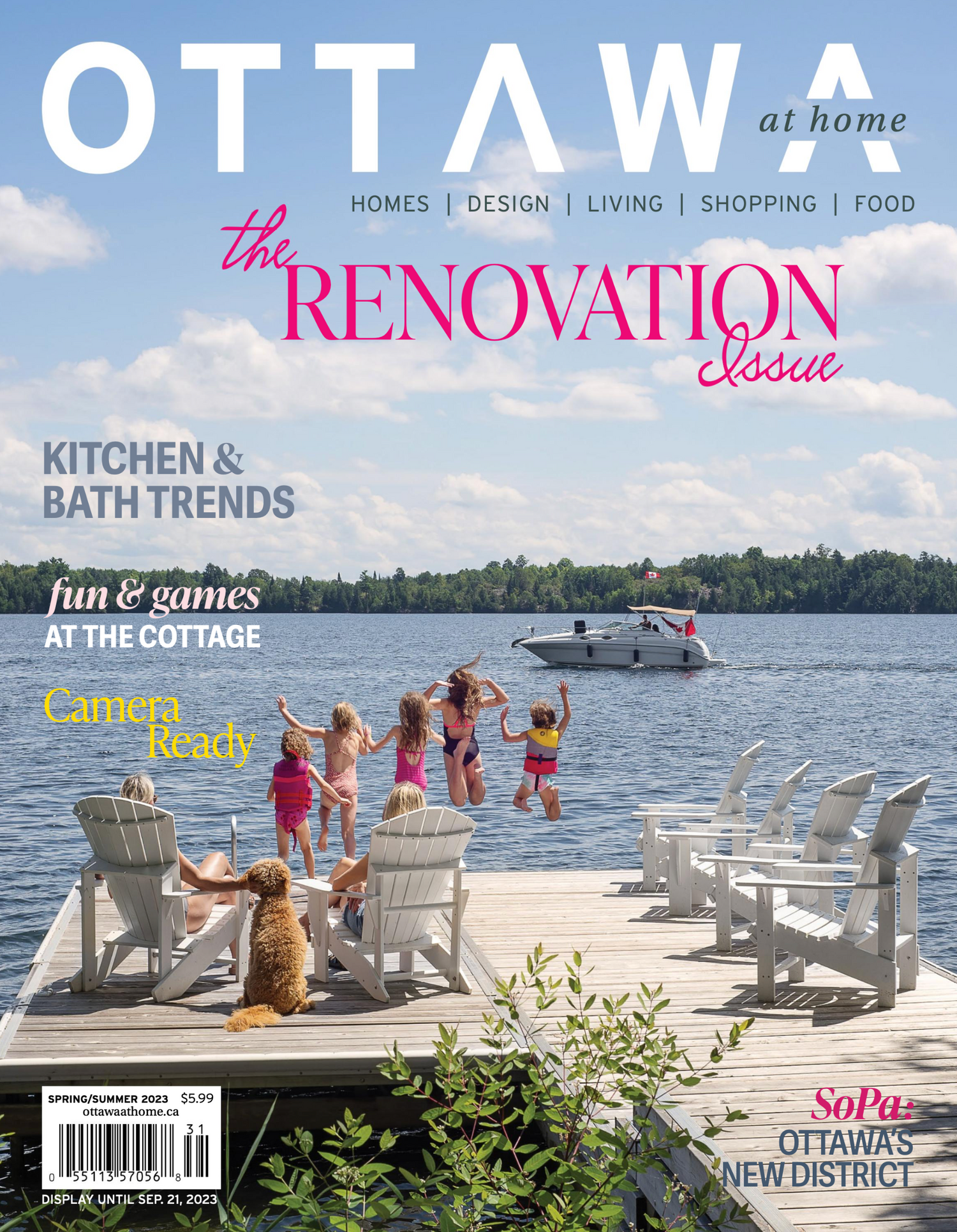 Ottawa at Home magazine summer issue cover showing lakeside cottage scene with dock and boat.