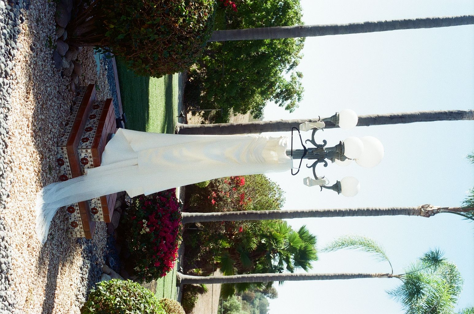 White wedding dress hanging on a black candelabra stand surrounded by lush garden and palm trees.