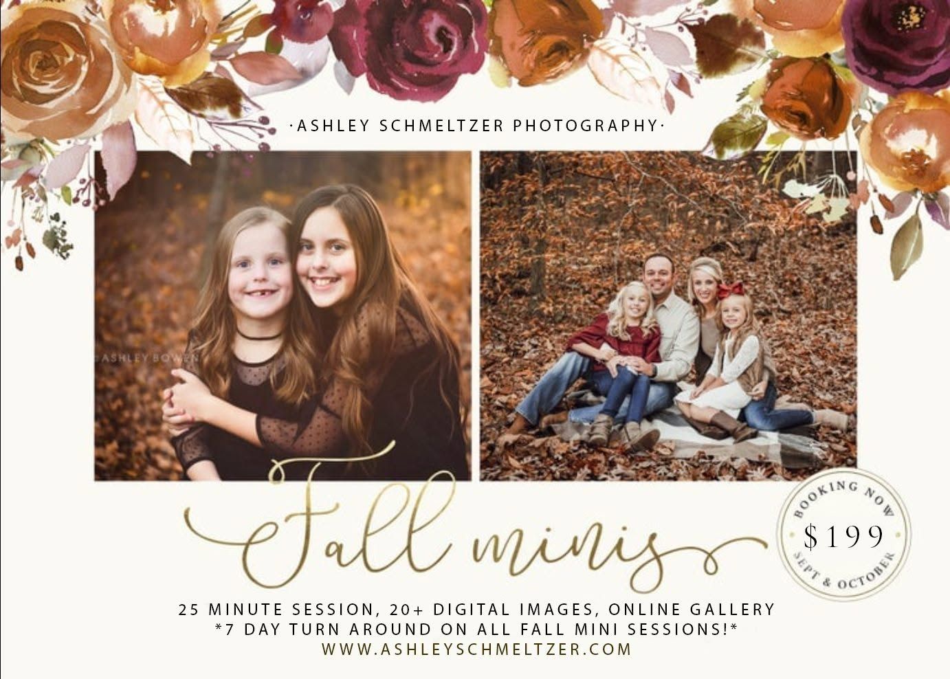 Fall photo shoot advertisement showing autumn-themed photography packages and pricing set against warm brown backgrounds.