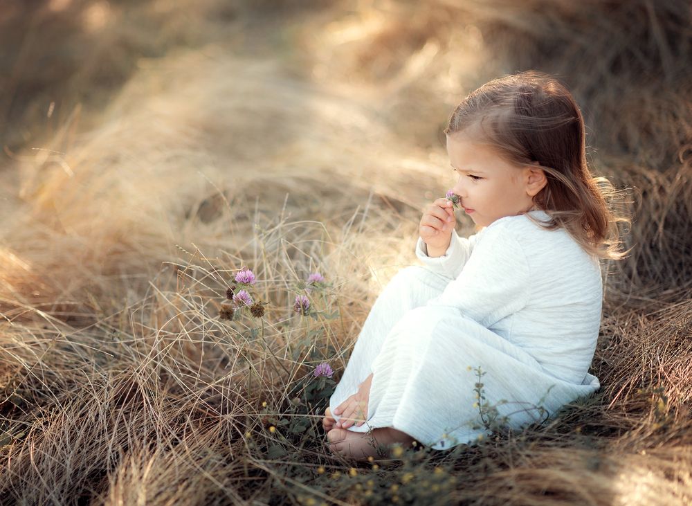 baby girl is sitting in high grasses and smelling the flowers during the family photoshoot in Oakville, ON