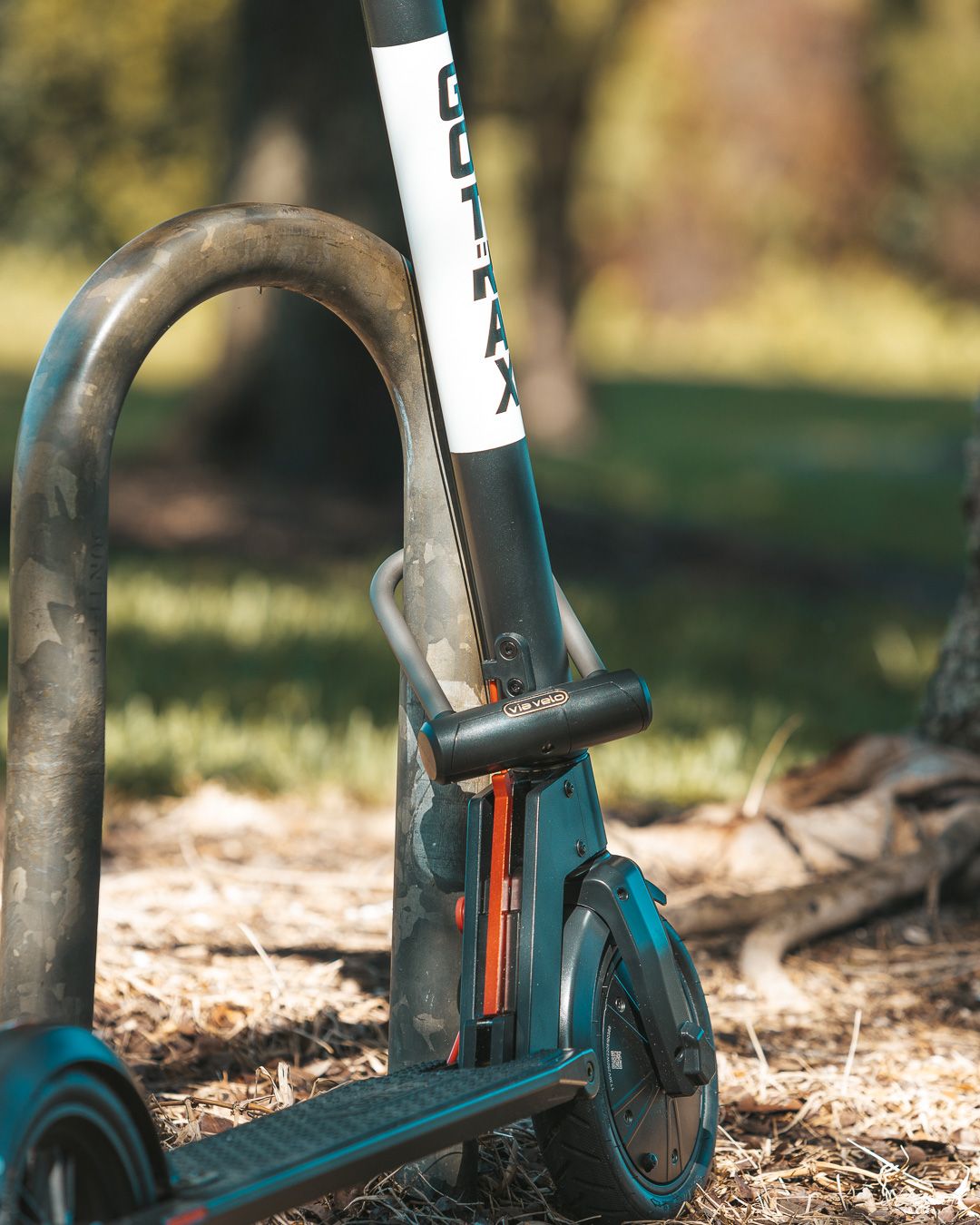 Teal scooter handlebars and steering column against blurred natural background.