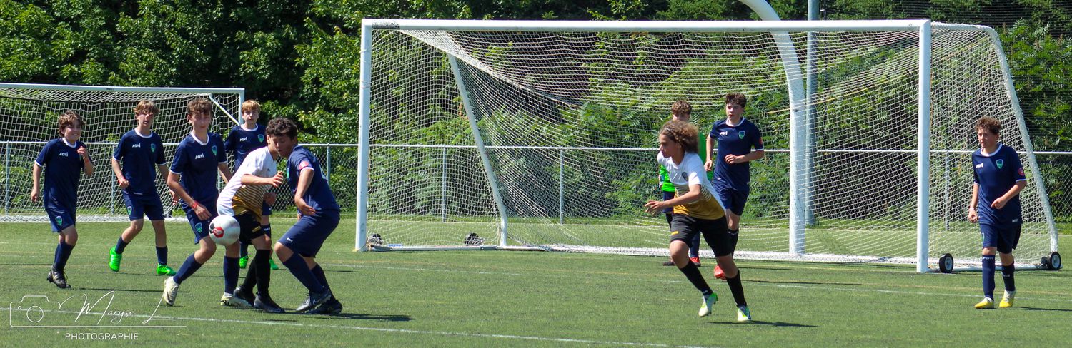 Players battle for control during a competitive soccer match near the goal.