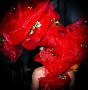 Close-up of red fabric bow detail with metallic embellishments in dramatic lighting.