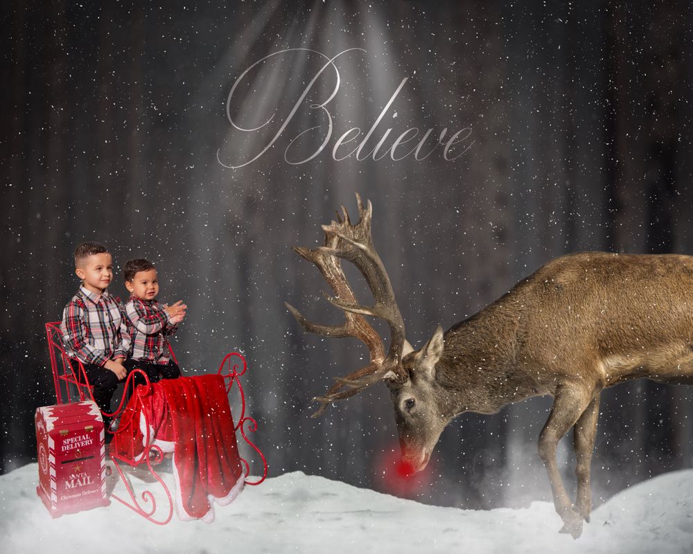 Magical Christmas scene with reindeer and sleigh against a snowy backdrop with 'Believe' text.