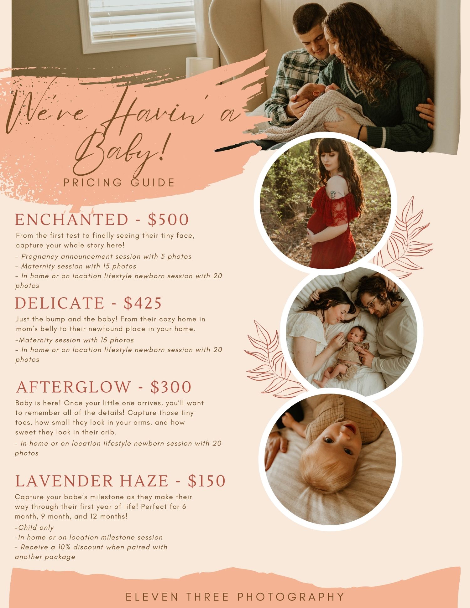 A peach-colored photography pricing guide displays maternity and family photo samples with package options ranging from $150-500.