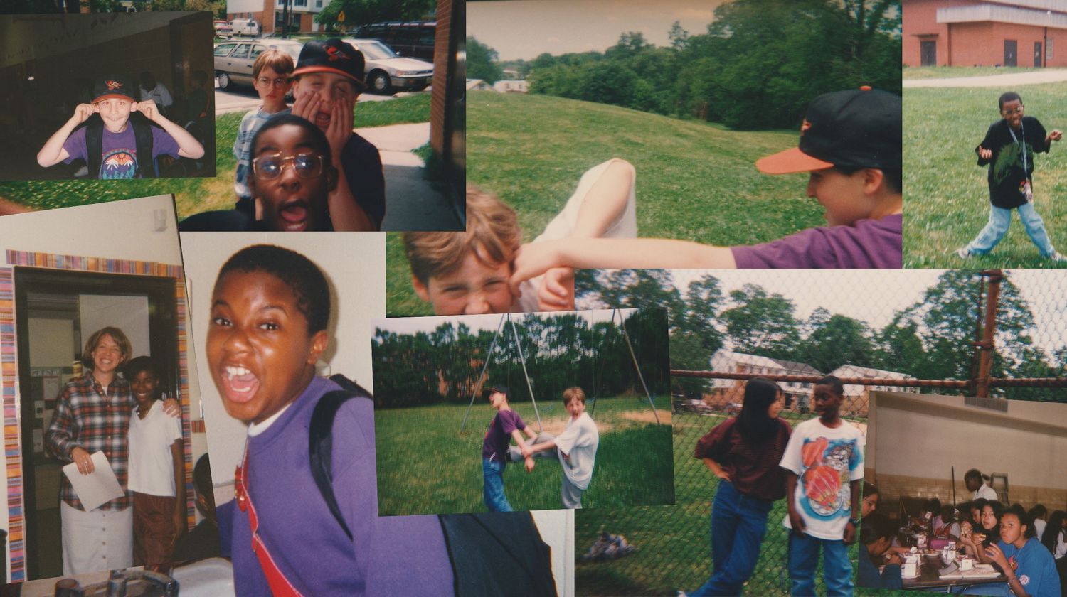 A collage of nostalgic school photos showing outdoor activities, backpacks, and candid moments from the 1990s.