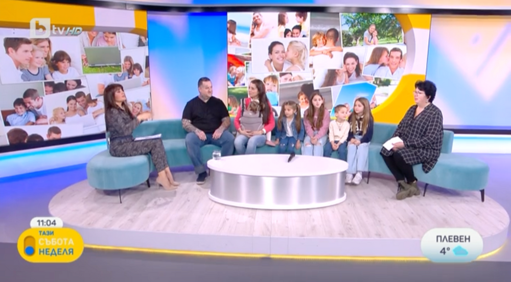 Guests sitting on a colorful television studio set during a daytime talk show.