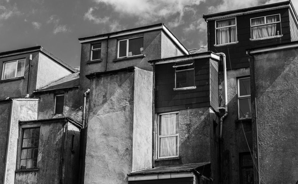 black and white apartment buildings