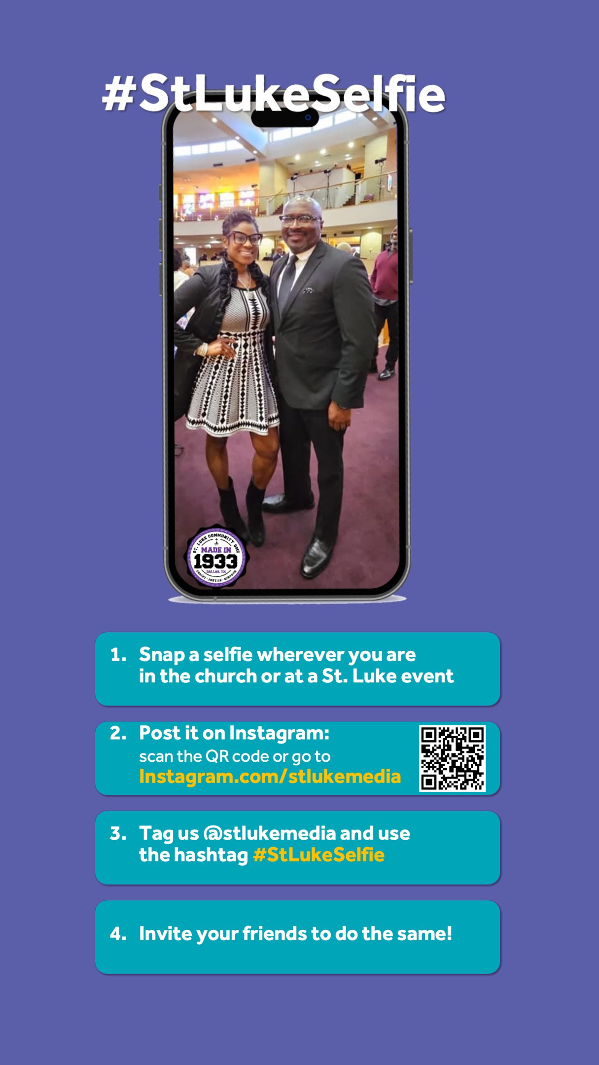 Instructions for StLukeSelfie social media campaign shown on phone screen with teal action steps and QR code.