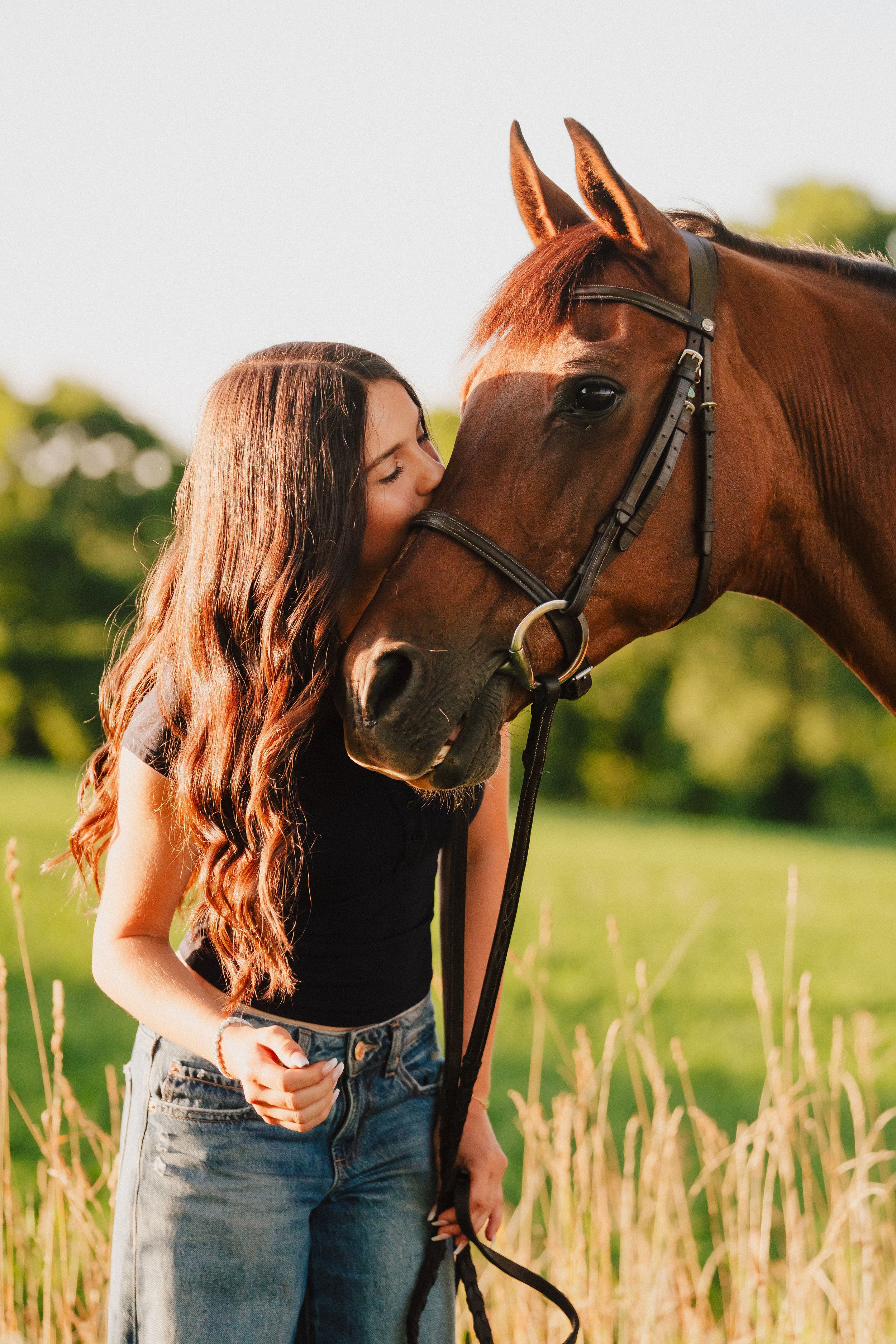 Three connected photos show tender moments between a bay horse and someone in a black top and jeans at sunset in a grassy field.