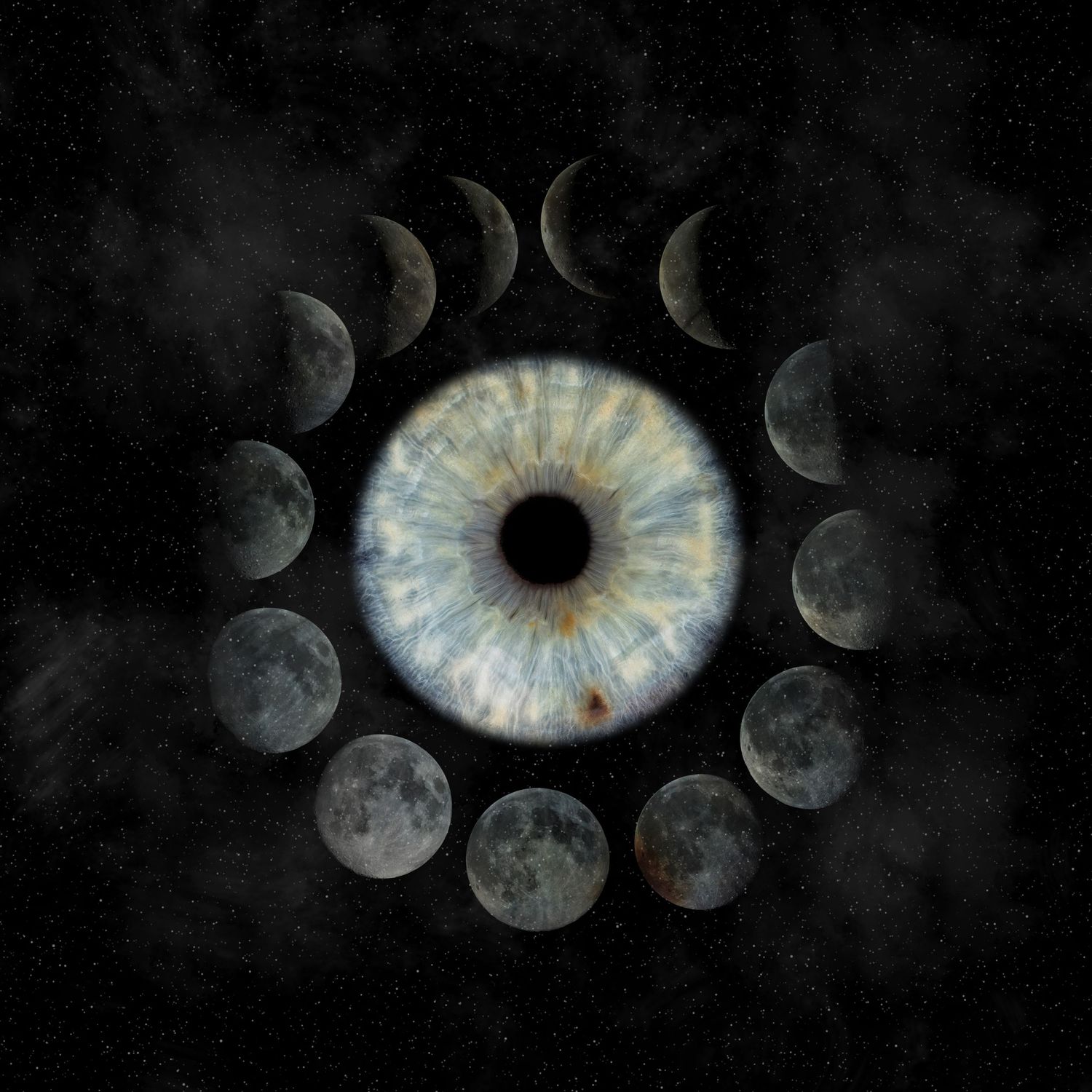 Creative artistic illustration of an eye split between fiery orange flames and icy blue particles on black background.