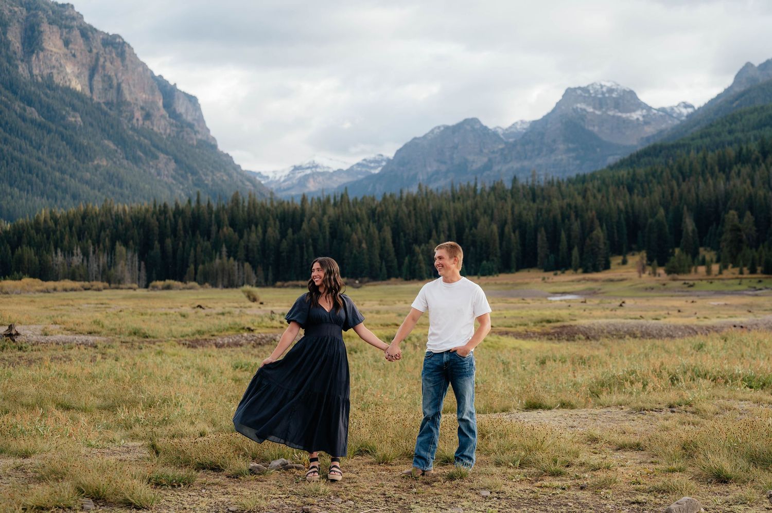 Couple holding hands walking in mountain meadow with snow-capped peaks and pine forest behind them.
