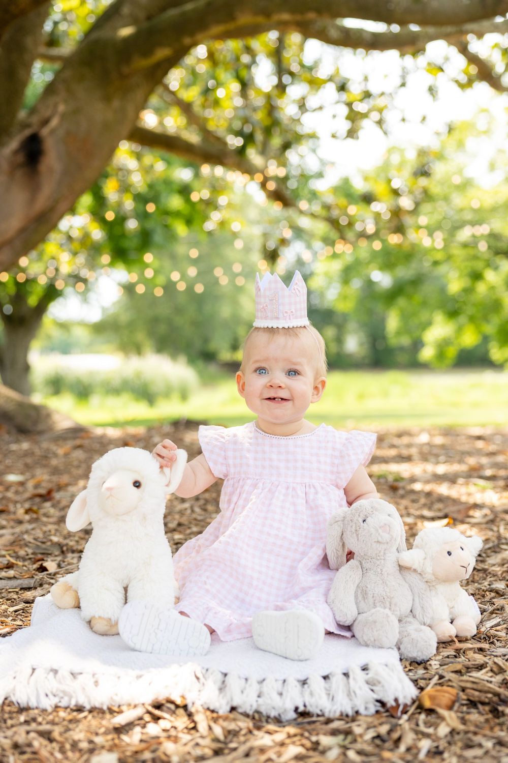 A baby in a pink dress and party crown sits on a blanket outdoors with white stuffed animal toys.