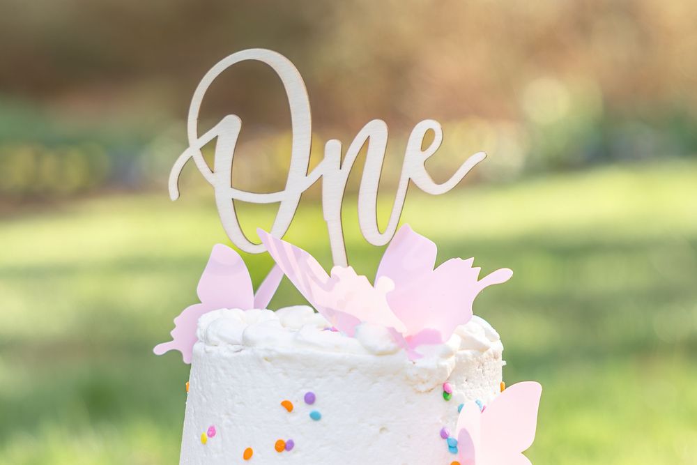 White first birthday cake with butterfly decorations and a cursive \"One\" topper, set against a blurred green garden background.
