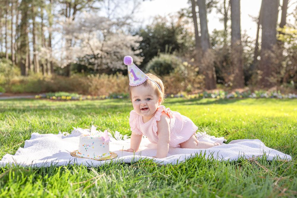 Baby girl in pink outfit and purple party hat crawls on blanket in sunny garden celebrating first birthday.