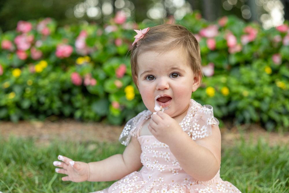 Cake smash photos for a little girl at a garden at WRAL Azalea Gardens in Raleigh.
