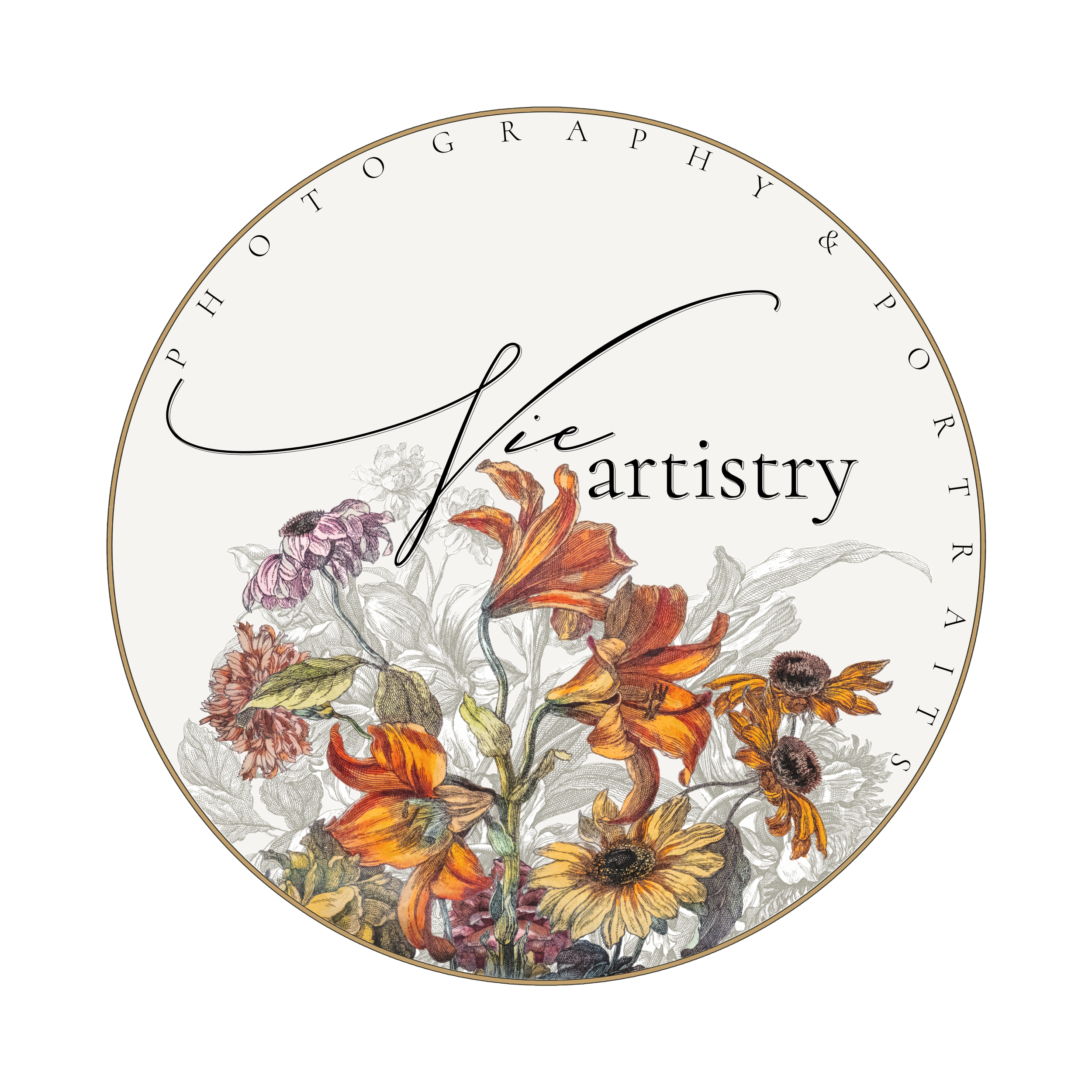 Artistic logo design featuring orange lilies, white flowers and purple blooms in a circular frame with elegant typography.