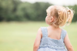 Back view of a young child in a blue dress with blonde hair looking towards green field.