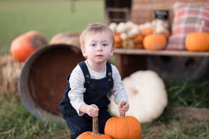 A collection of fall themed photos showing children at a pumpkin patch with orange pumpkins and gourds.