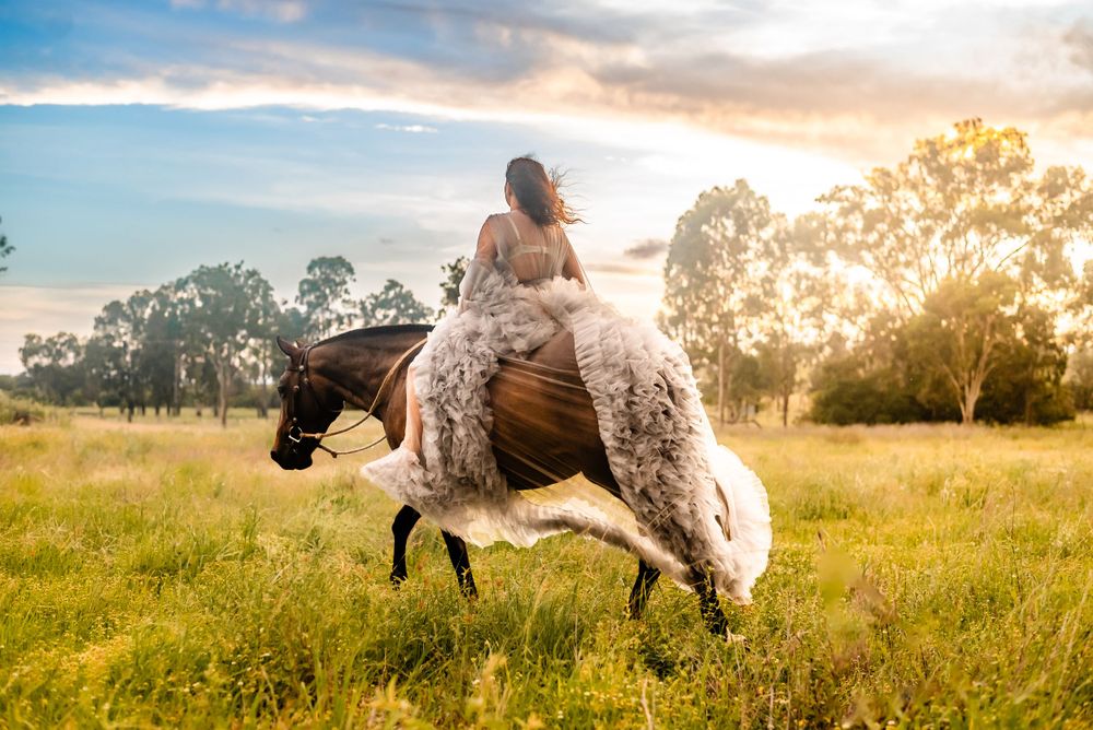 Graceful silhouette of a rider in flowing dress on horseback against a sunset sky.