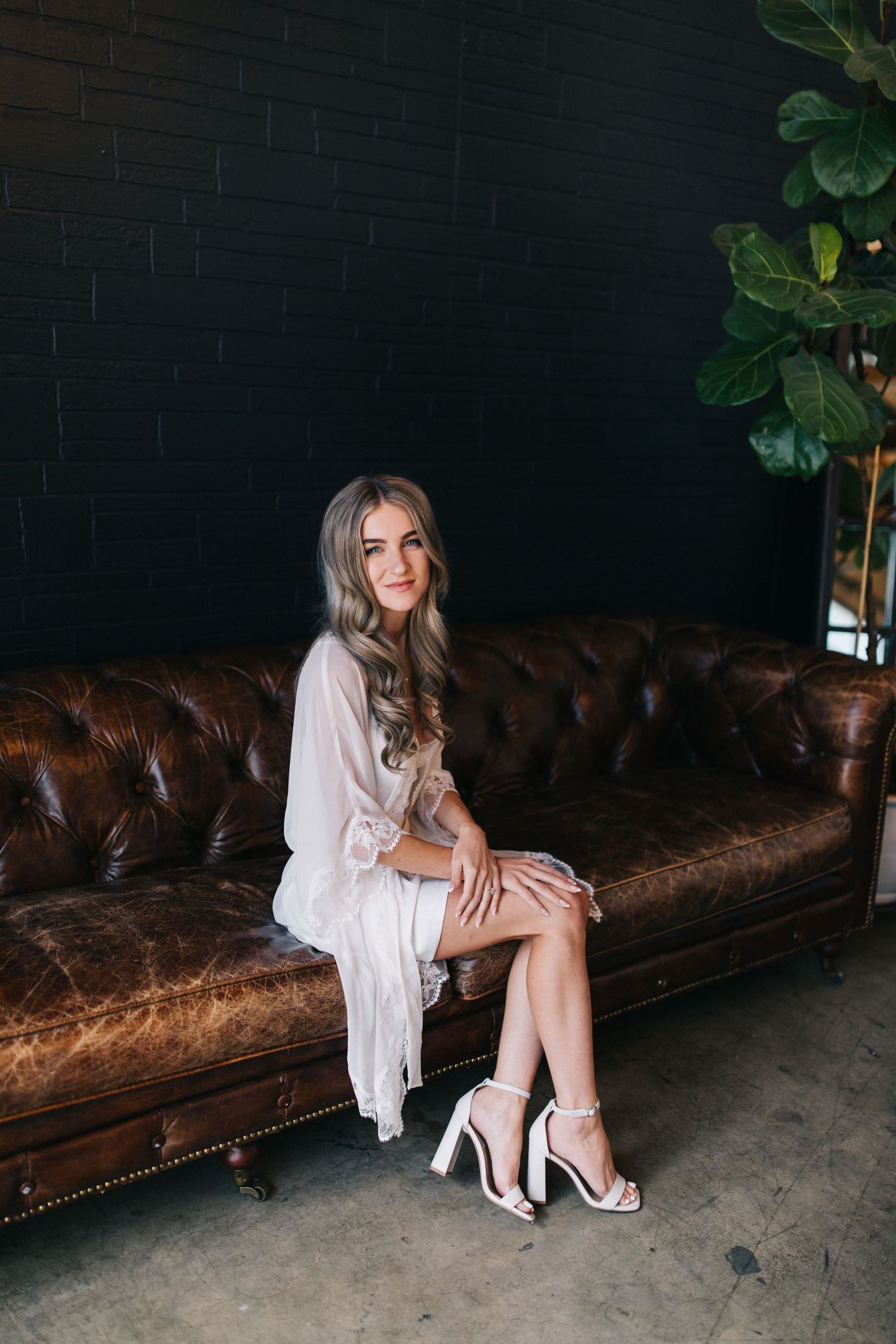 Vintage brown leather Chesterfield sofa against dark wall with potted plant.