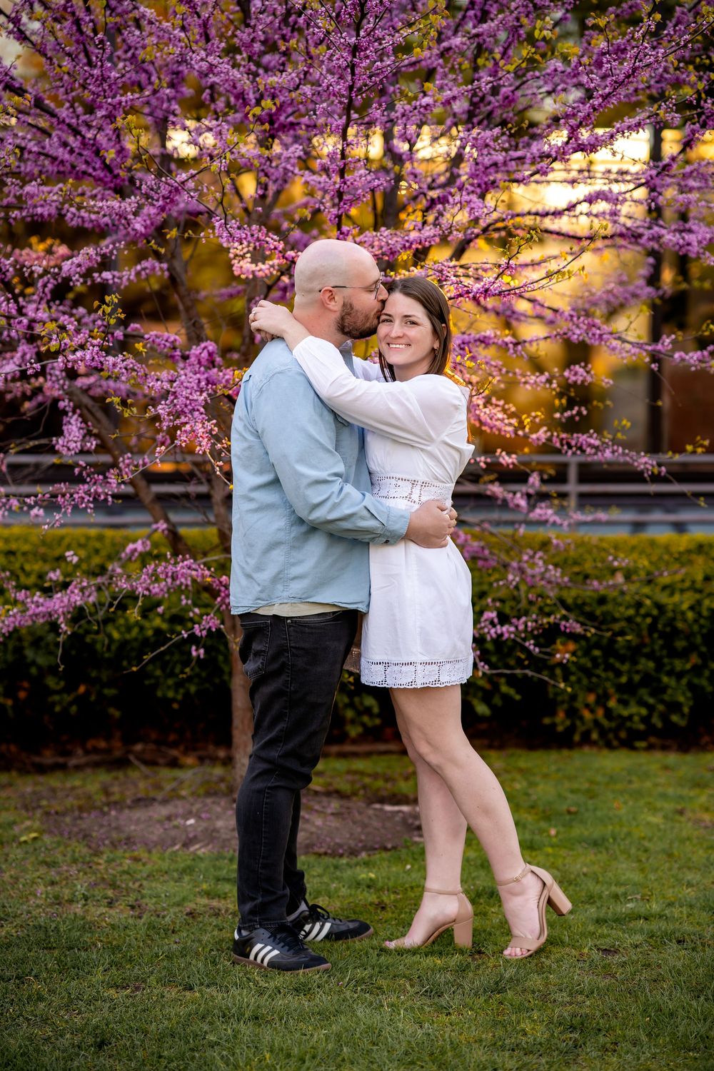 A romantic spring portrait beneath blooming cherry blossoms with a soft sunset glow in the background.