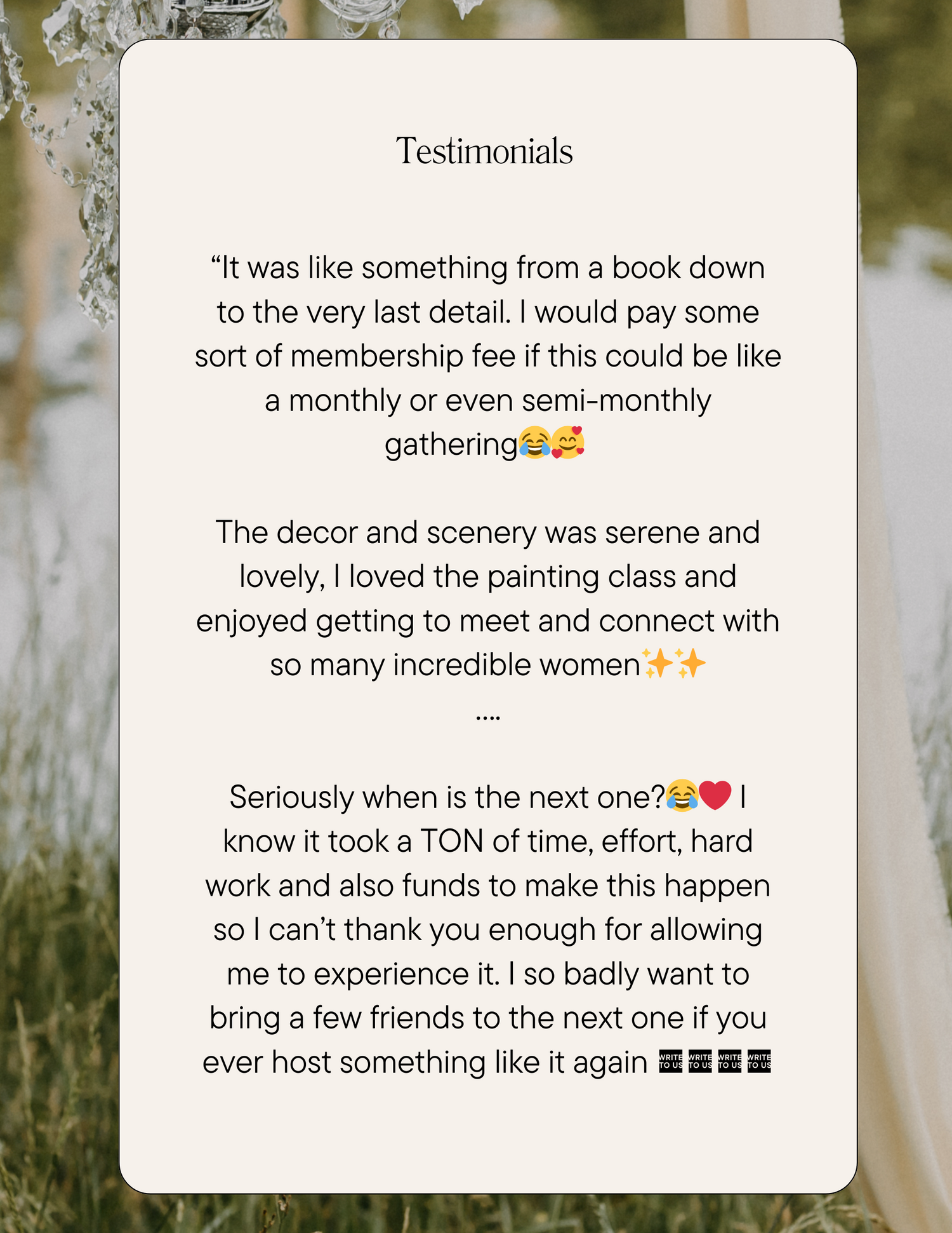 Testimonials card featuring glowing reviews from women about a serene gathering event with painting class and networking.