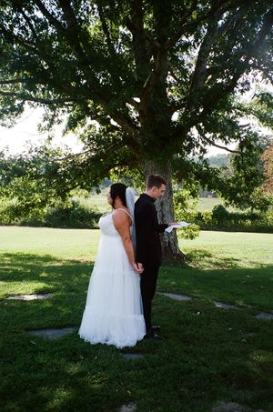 Couple stands back-to-back under a majestic tree on their wedding day in a scenic outdoor setting.