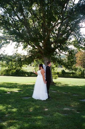 A couple stands back-to-back under a large shade tree on a manicured lawn during their outdoor wedding photoshoot.