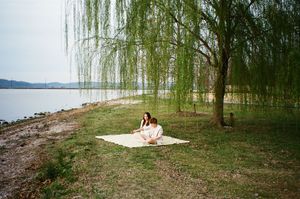 Person seated on blanket under weeping willow tree by peaceful lakeside.