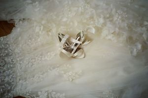 Wedding rings nestled in delicate white lace fabric.