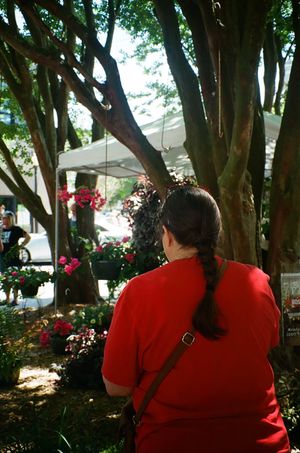 Person in red shirt photographs flowers and trees at outdoor event.