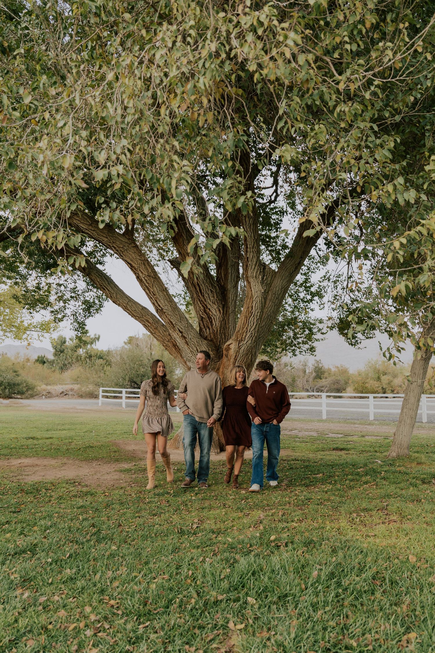 Family of four walking hand in hand beneath a large tree in a lush green park setting.