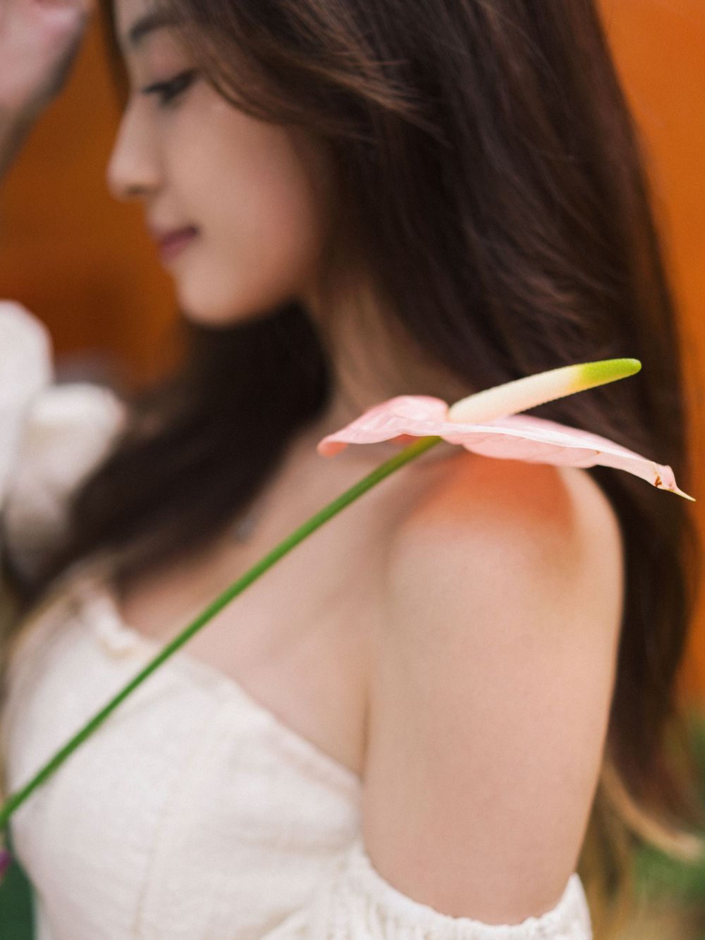 Soft ethereal photo of anthurium flower and off-shoulder white dress.