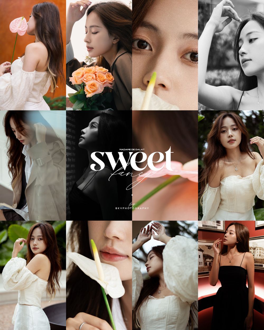 Fashion photography collage featuring soft colors, flowers, and romantic styling.
