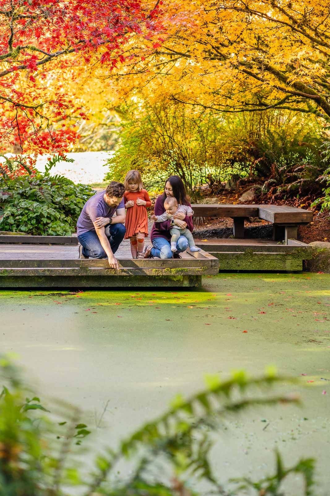 Family exploring the mossy pond at the Seattle Arboretum.