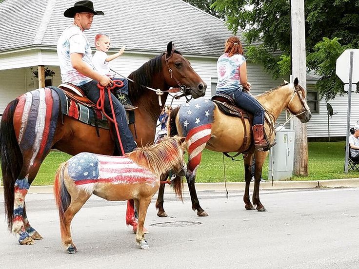 My family showing our patriotism by painting our horses red, white and blue for the local 4th of July parade.