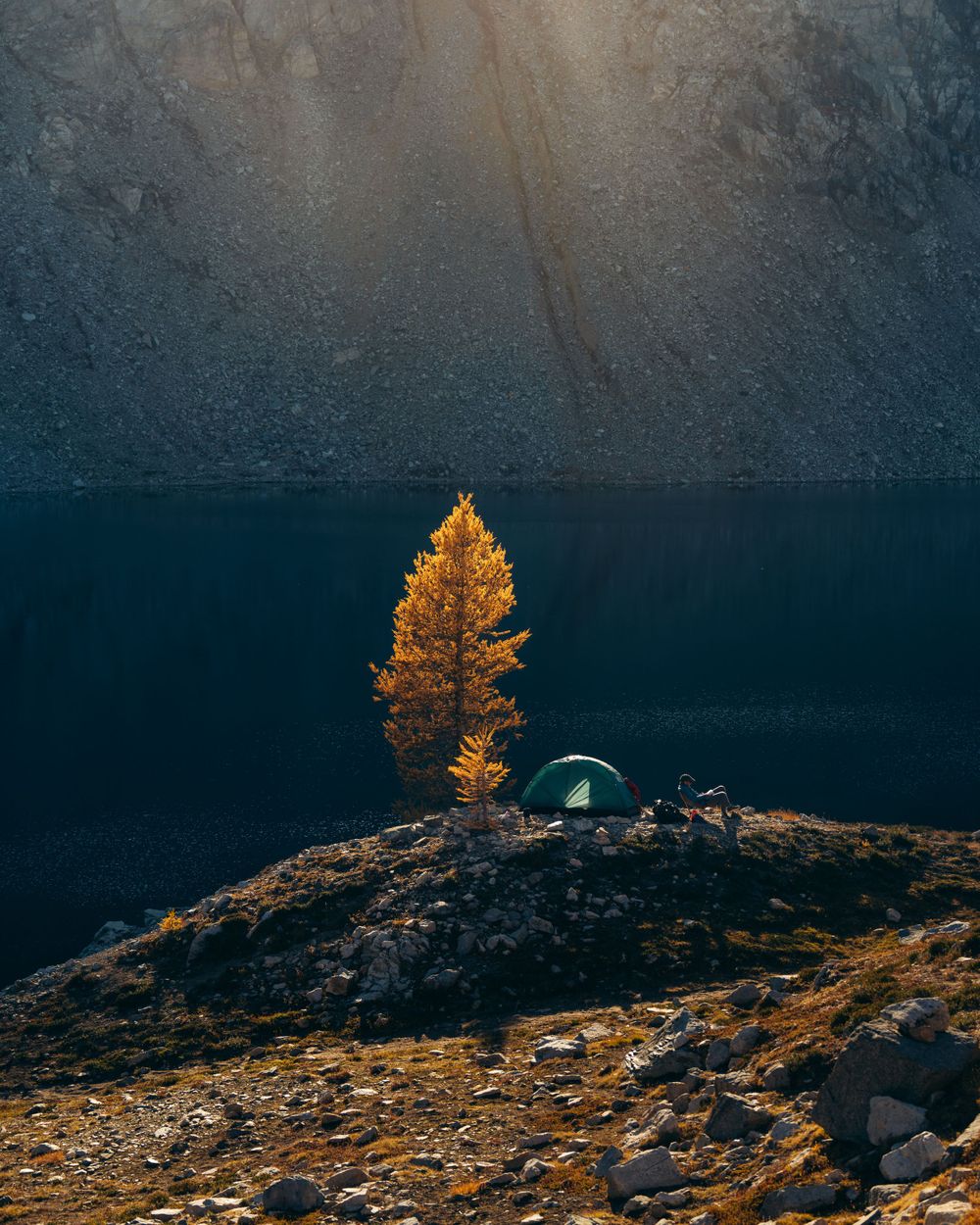 Small green tent and golden tree perched on rocky outcrop above dark mountain lake.