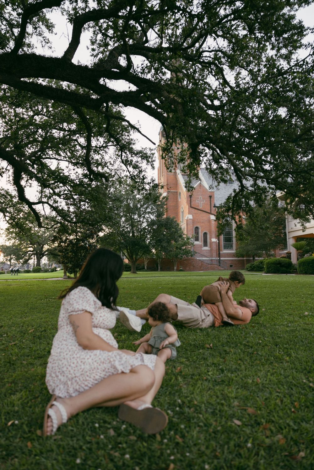 Students relax and study on a grassy lawn beneath sprawling tree branches with a brick building in the background.