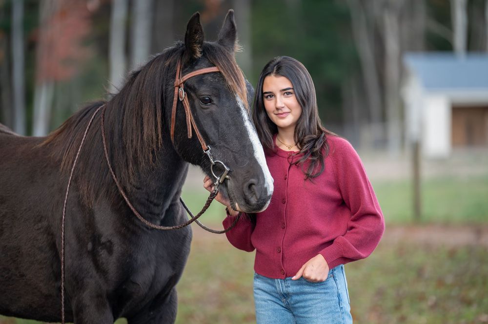 A black horse and person in a burgundy sweater share a gentle moment together in an outdoor setting.