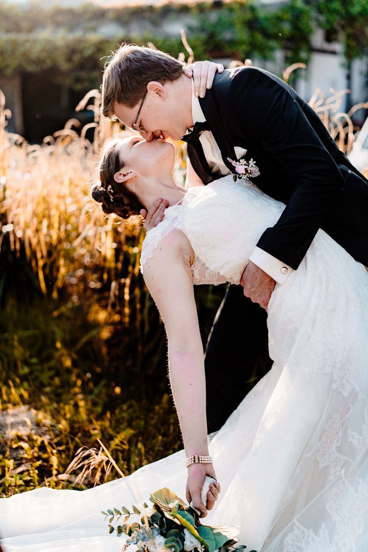 Elegant wedding couple sharing a romantic dip kiss among tall autumn grasses at sunset.