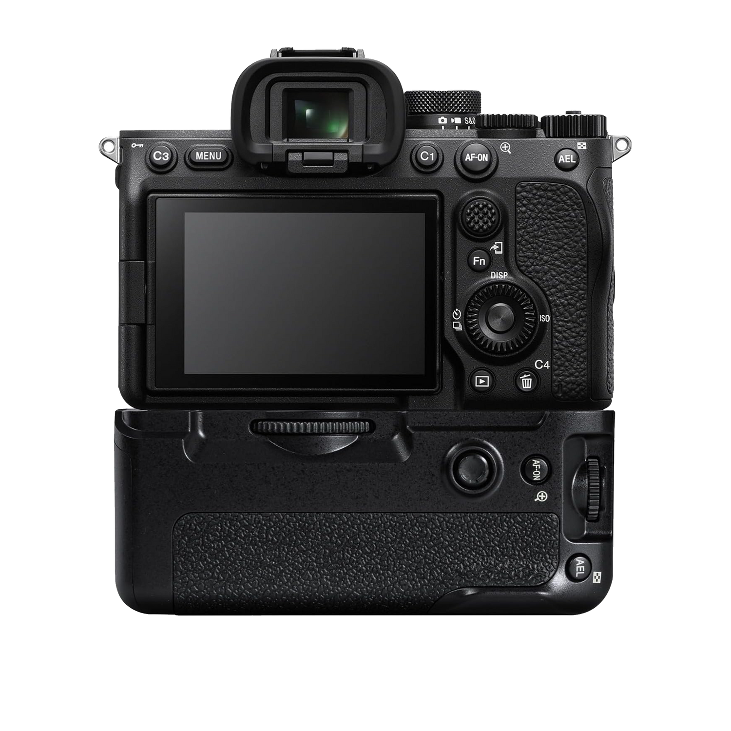 Back view of a Sony Alpha mirrorless camera with battery grip attachment showing LCD screen and control buttons.