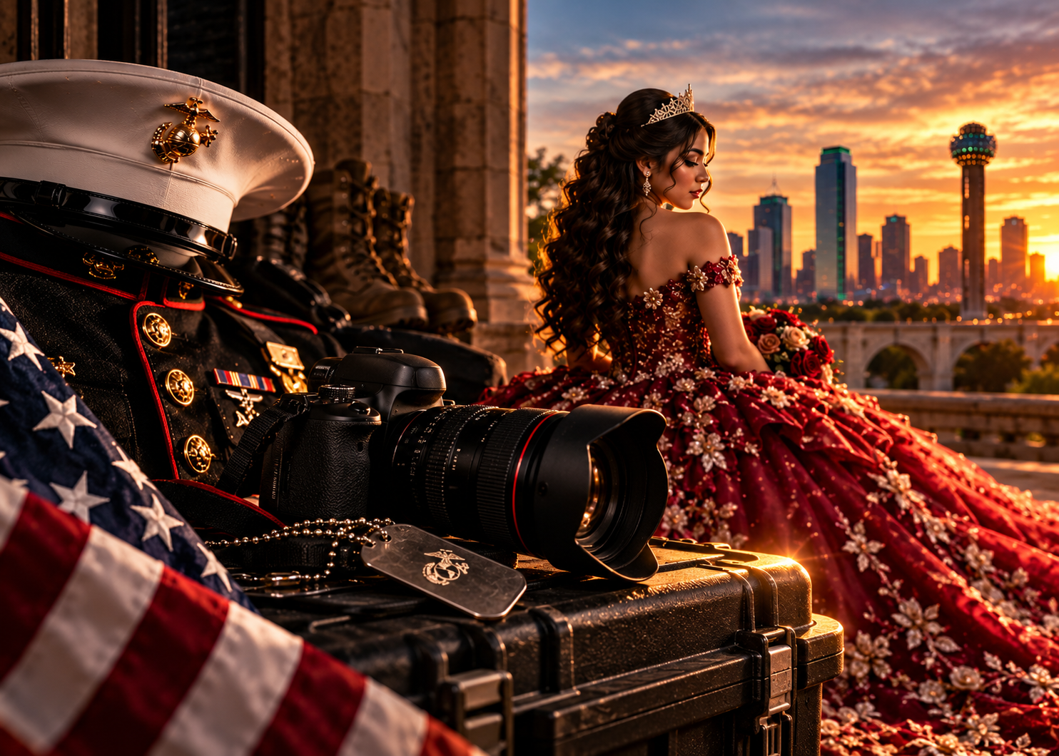Gold TRUST lettering beside Marine Corps dress cap and American flag representing honest veteran-owned photography in Dallas Fort Worth