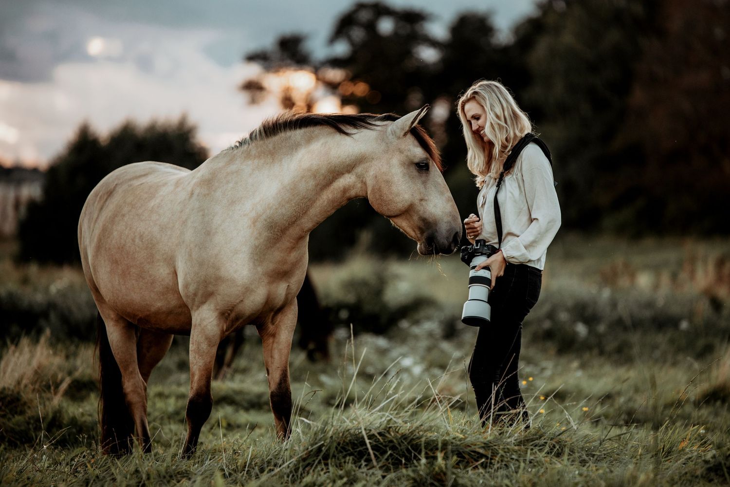 Hestefotograf med kamera fotograferer en hest på en græsfold