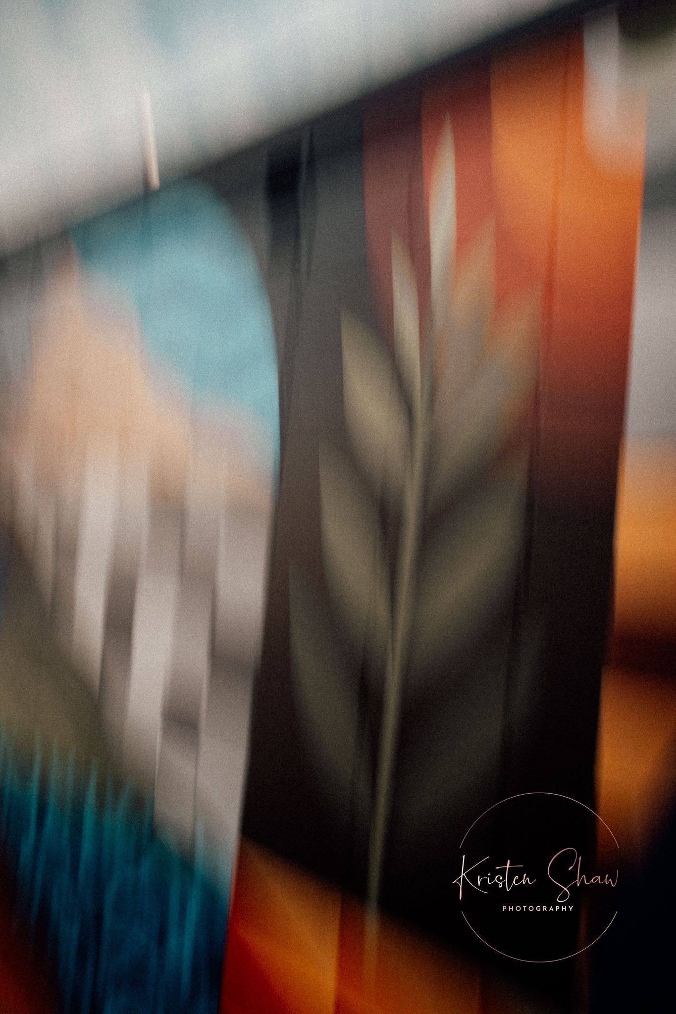 Abstract blurred botanical art print with teal, orange, and dark green tones by Kristen Shaw Photography.